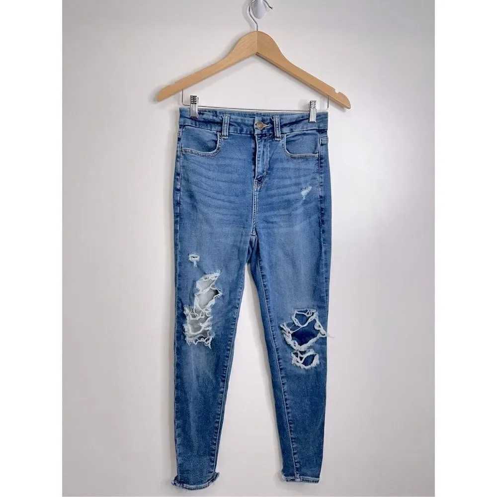 American Eagle Jeans Womens Distressed Blue Pants Stretch Size 4 - Picture 1 of 11